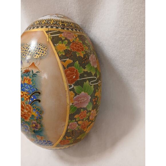Vntg Huge Japanese Satsuma Egg Asian Decor Orient Hand Painted Cloisonne Floral - Picture 6 of 16